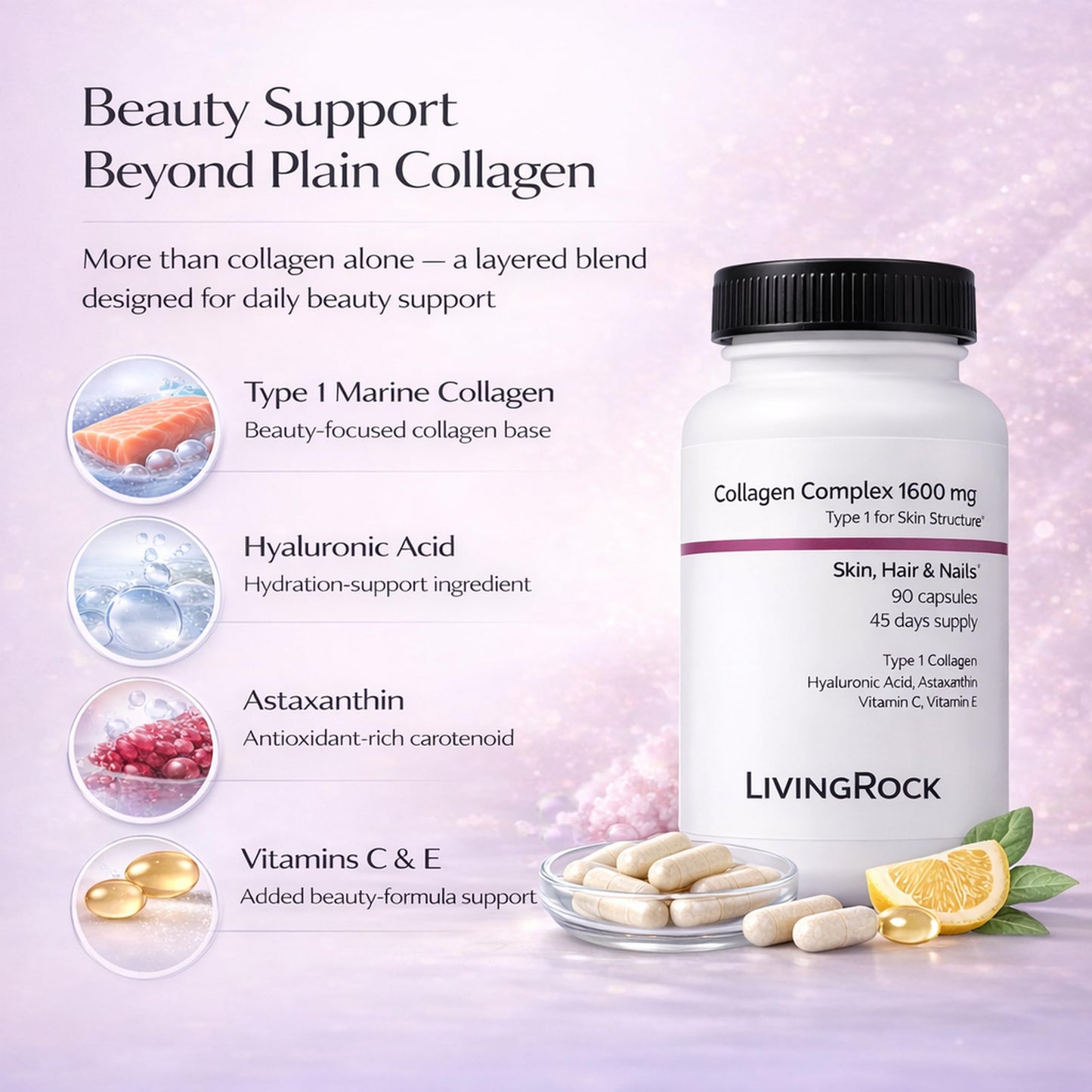 LivingRock Marine Beauty Collagen Complex for Skin, Hair & Nails with Type 1 Marine Collagen, Hyaluronic Acid, Astaxanthin, Vitamins C & E, 90 Capsules