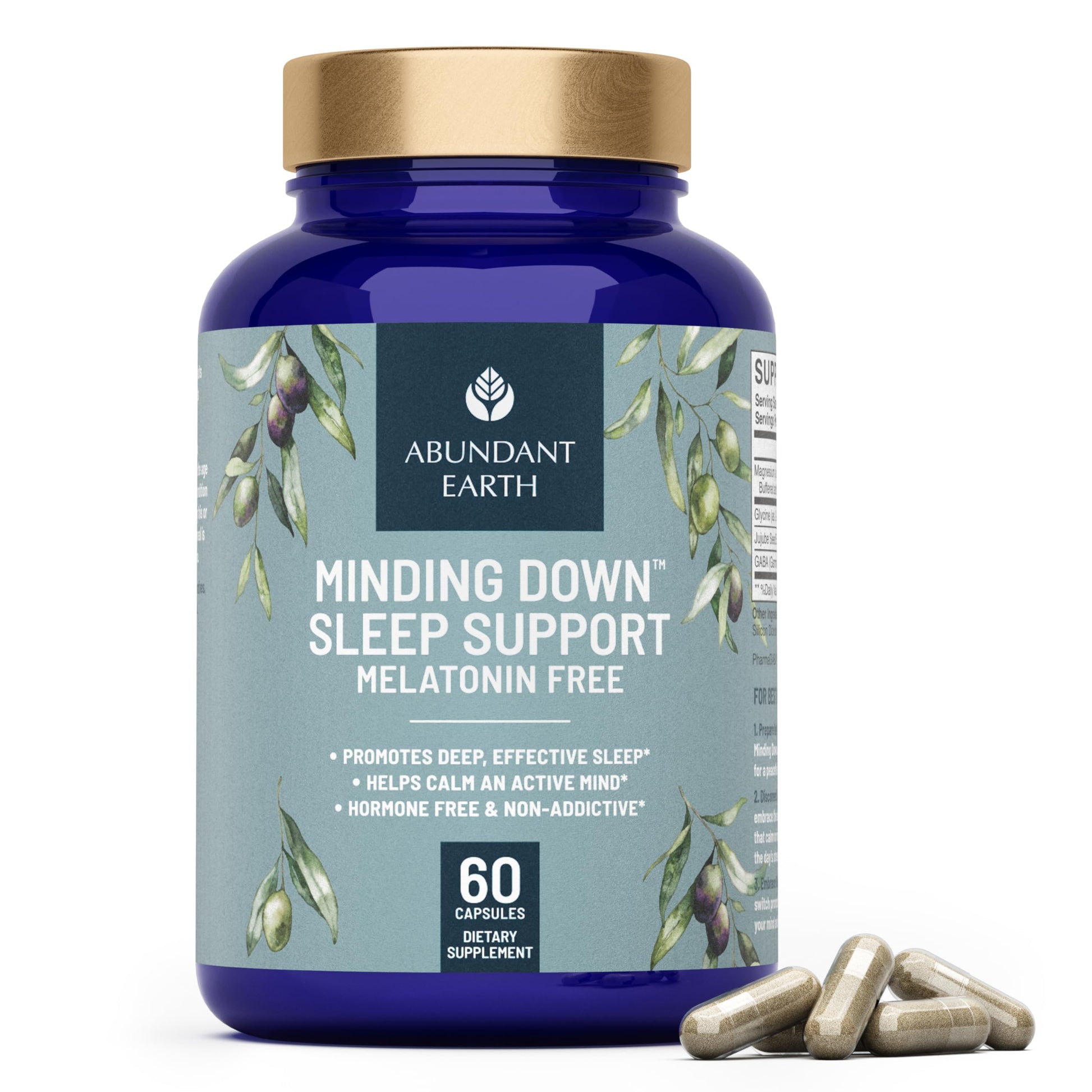 Abundant Earth Natural Sleep Aid for Adults Minding Down Sleep Support Supplement Max Strength Deep Sleep Supplement Without Melatonin to Calm & Restore the Sleeping Cycle + Magnesium, GABA Capsules 60 Count