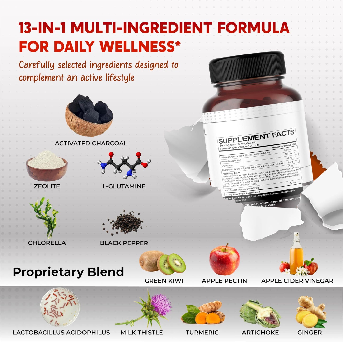 PEAKPURY Premium All-in-1 Activated Charcoal, Zeolite, L-Glutamine & Chlorella, 150 Capsules
