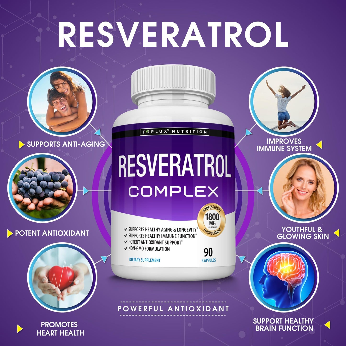 Toplux Resveratrol Supplement 1800 mg Antioxidant Complex - Highly Potent Natural Trans-Resveratrol Pills for Healthy Aging, Overall Health Support, Immune System, Brain Function, for Men Women, 90 Capsules