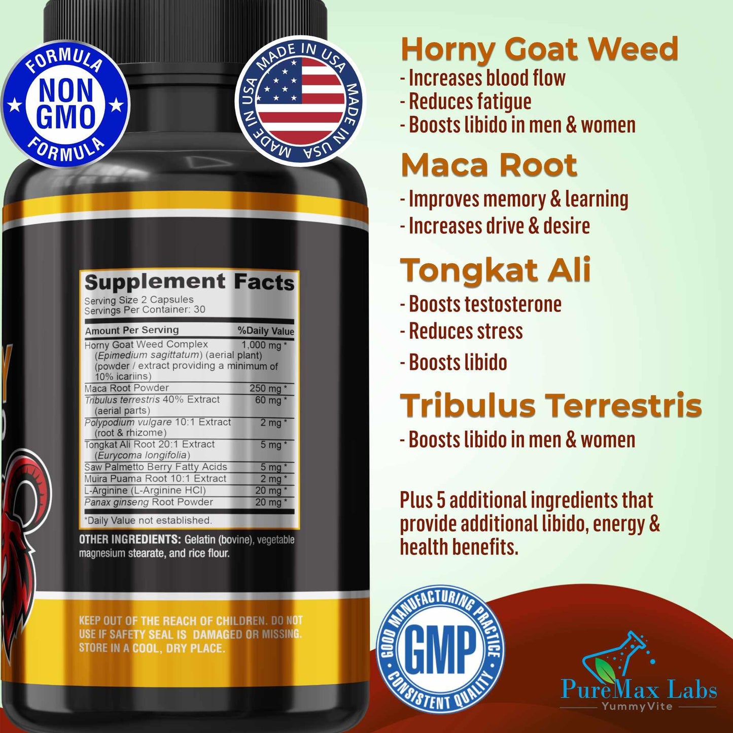 YUMMYVITE Horny Goat Weed Extra Strength w. Maca, L-Arginine, Ginseng, Boost Performance, Stamina, Energy, Non-GMO, 60 Capsules