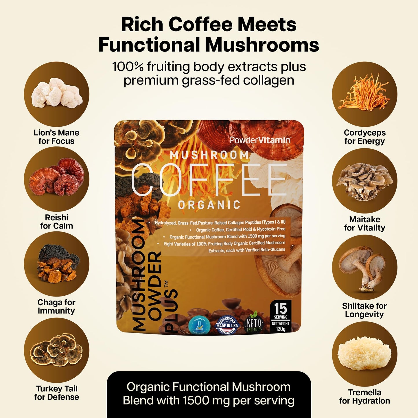 PowderVitamin Organic Mushroom Coffee Powder with Grass-Fed Collagen Types I & III, 8 Fruiting Body Mushrooms, Mold & Mycotoxin Free, Beta-Glucans Tested, Focus, Energy, Digestion & Immunity, 15 Servings, 4.5 oz