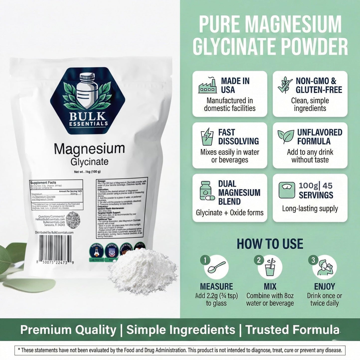 Bulk Essentials Magnesium Glycinate Powder Supplement 3.52 Ounce (Pack of 1)