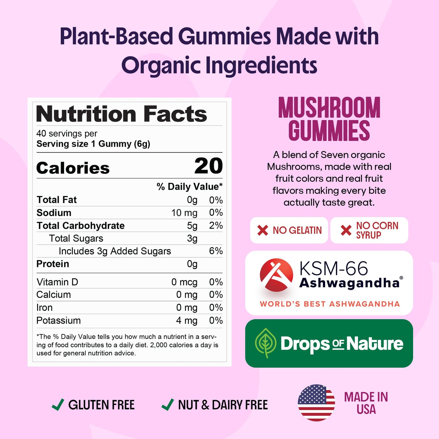 Drops Of Nature Ashwagandha & Mushroom Gummies Mixed Berry, 40 Count