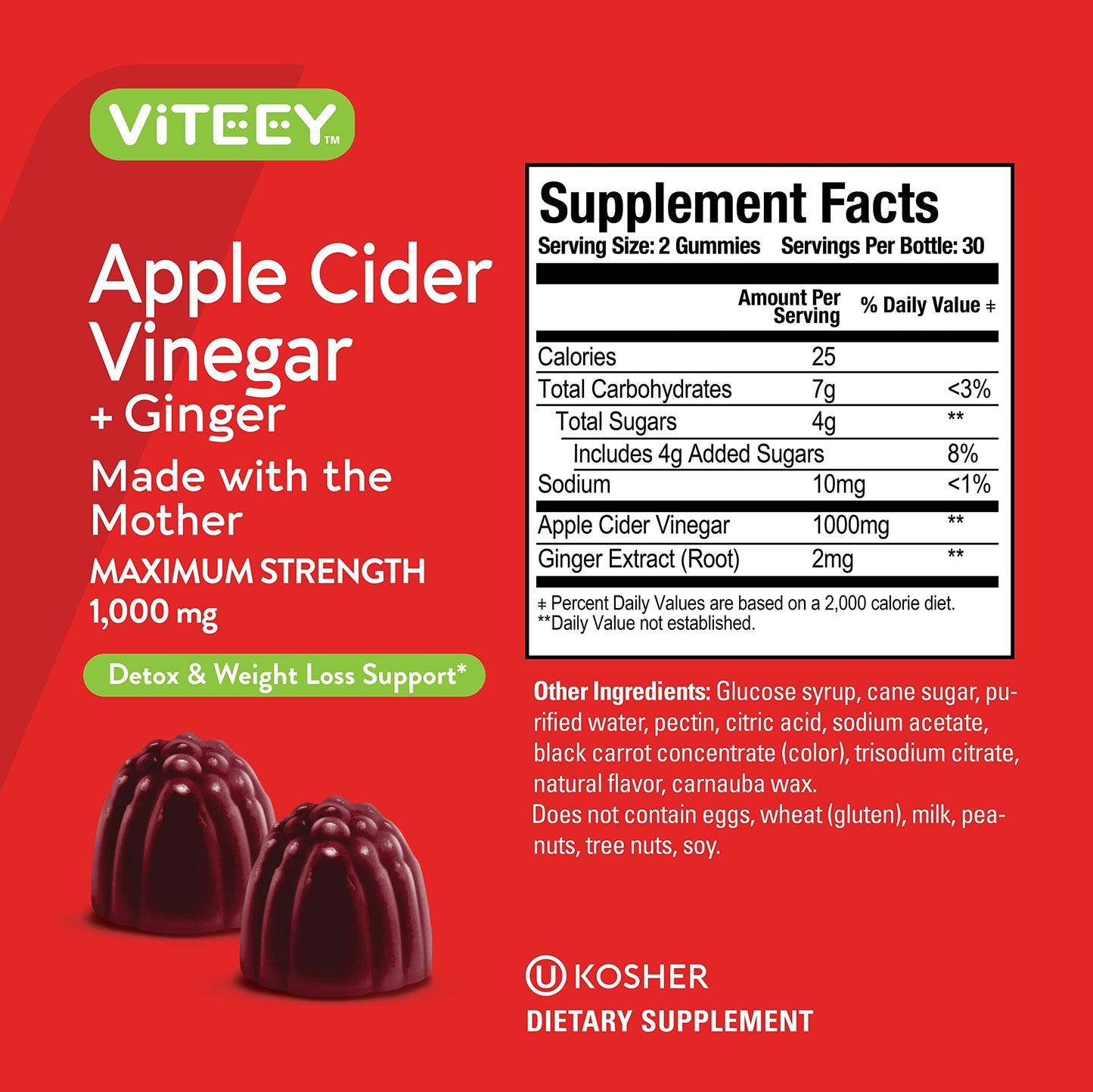 Viteey Apple Cider Vinegar Gummies with Ginger - 1000mg Pectin Gummy, 120 Count