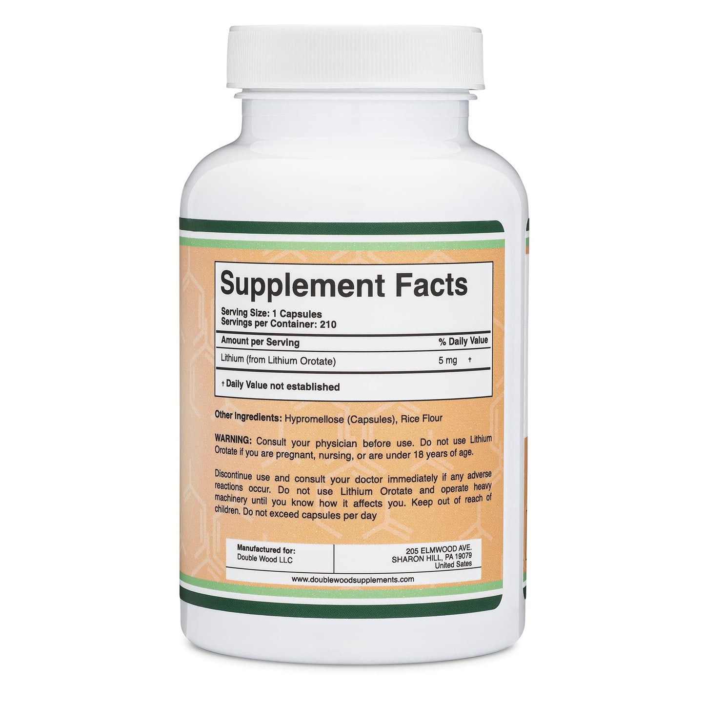 Double Wood Supplements Lithium Orotate 5mg Elemental Lithium for Cognition and Brain Health Capsules, 210