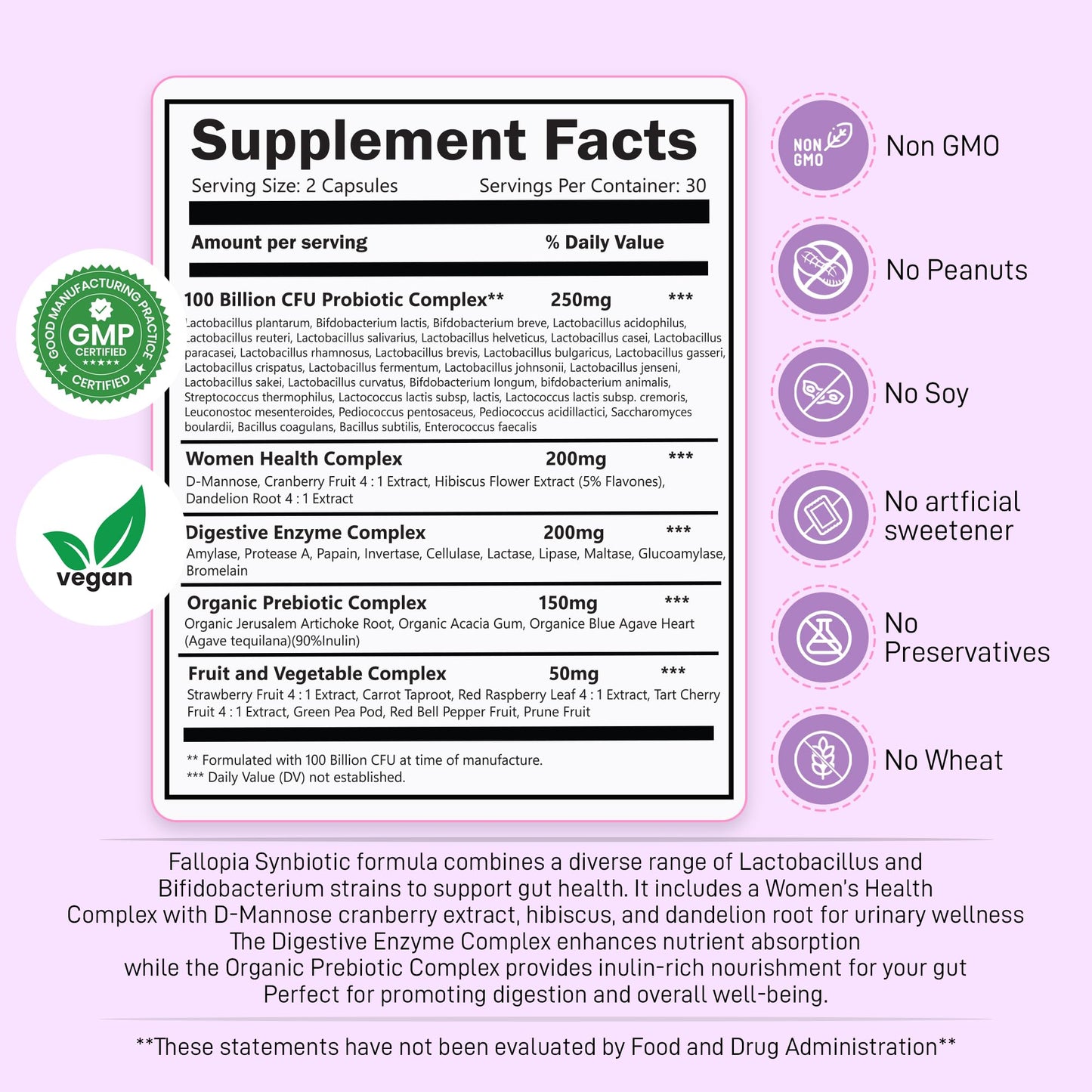 Fallopia Vaginal Probiotics for Women with Prebiotics Cranberry D-Mannose Digestive Enzymes & Hibiscus 34 Strains 100 Billion CFU Feminine Care Supplement for Gut Urinary Health & pH Balance Capsule 60 Count