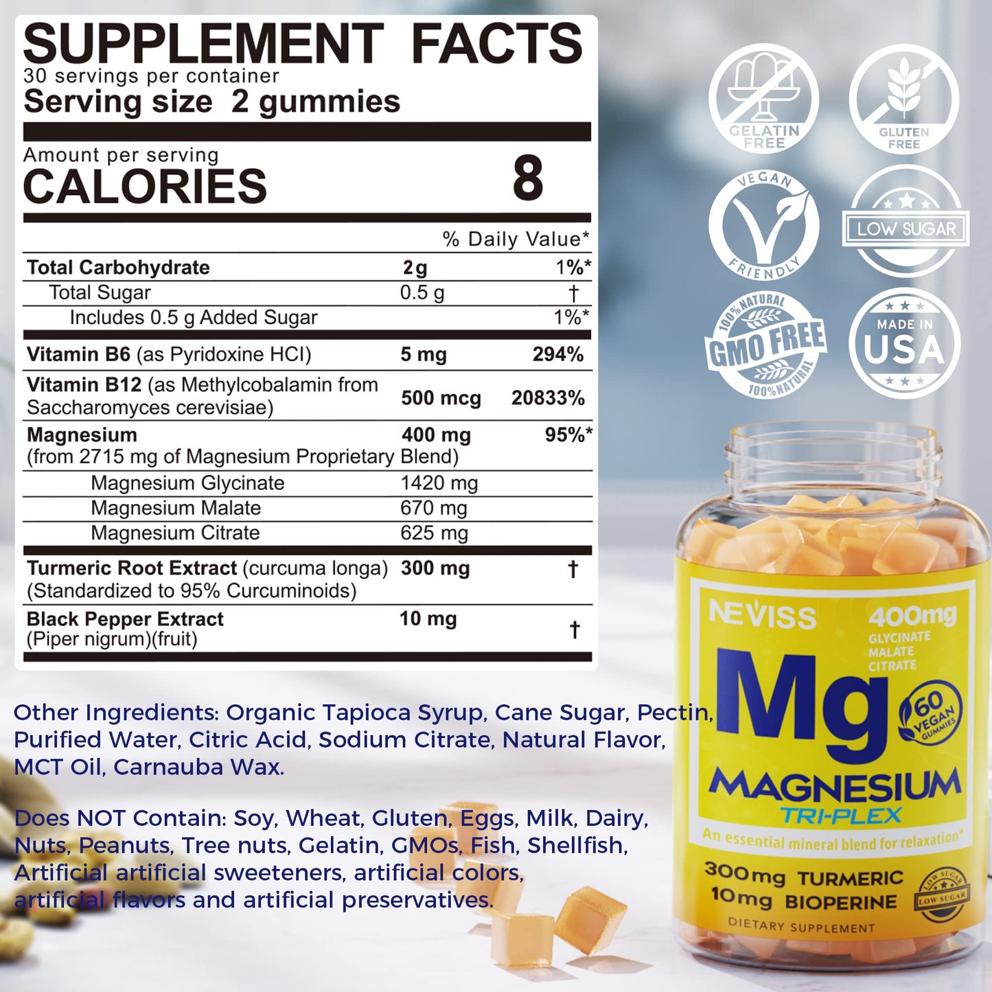 NEVISS Magnesium Gummies with Turmeric + Sugar Free Probiotics, 180 Gummies