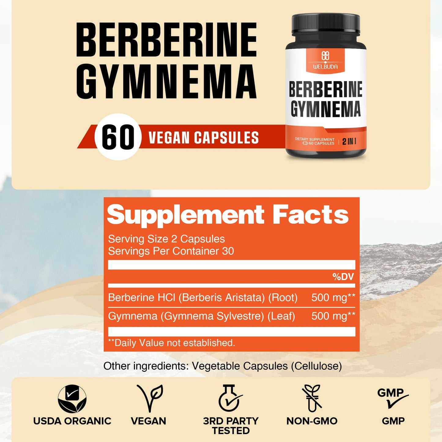 WELBUDA Berberine Supplement with Organic Gymnema Sylvestre Leaf Capsules 60 Count