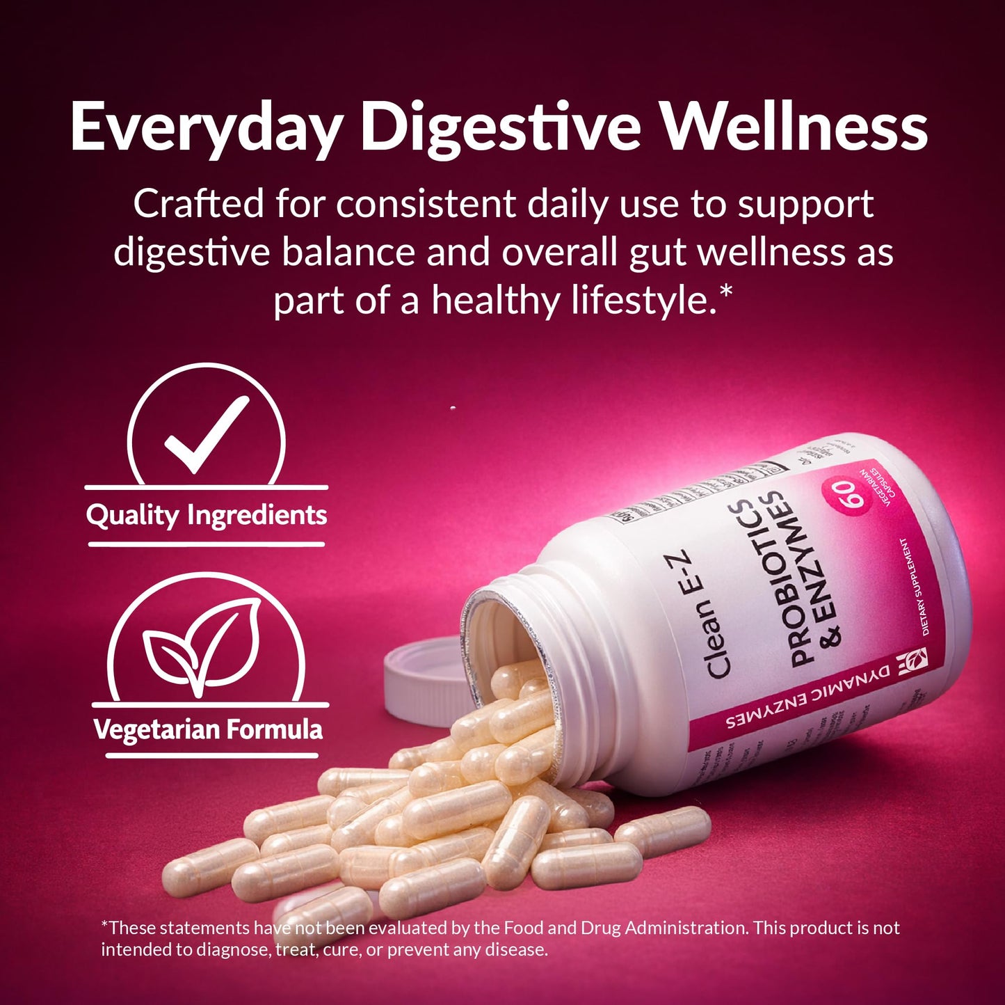 Dynamic Enzymes Clean E-Z Enzymes + Probiotics – Chitosanase Enzyme Blend with Shelf-Stable Probiotics – Supports Gut & Microbiome Balance – Empty Stomach Cleanse Support, 60 Capsules