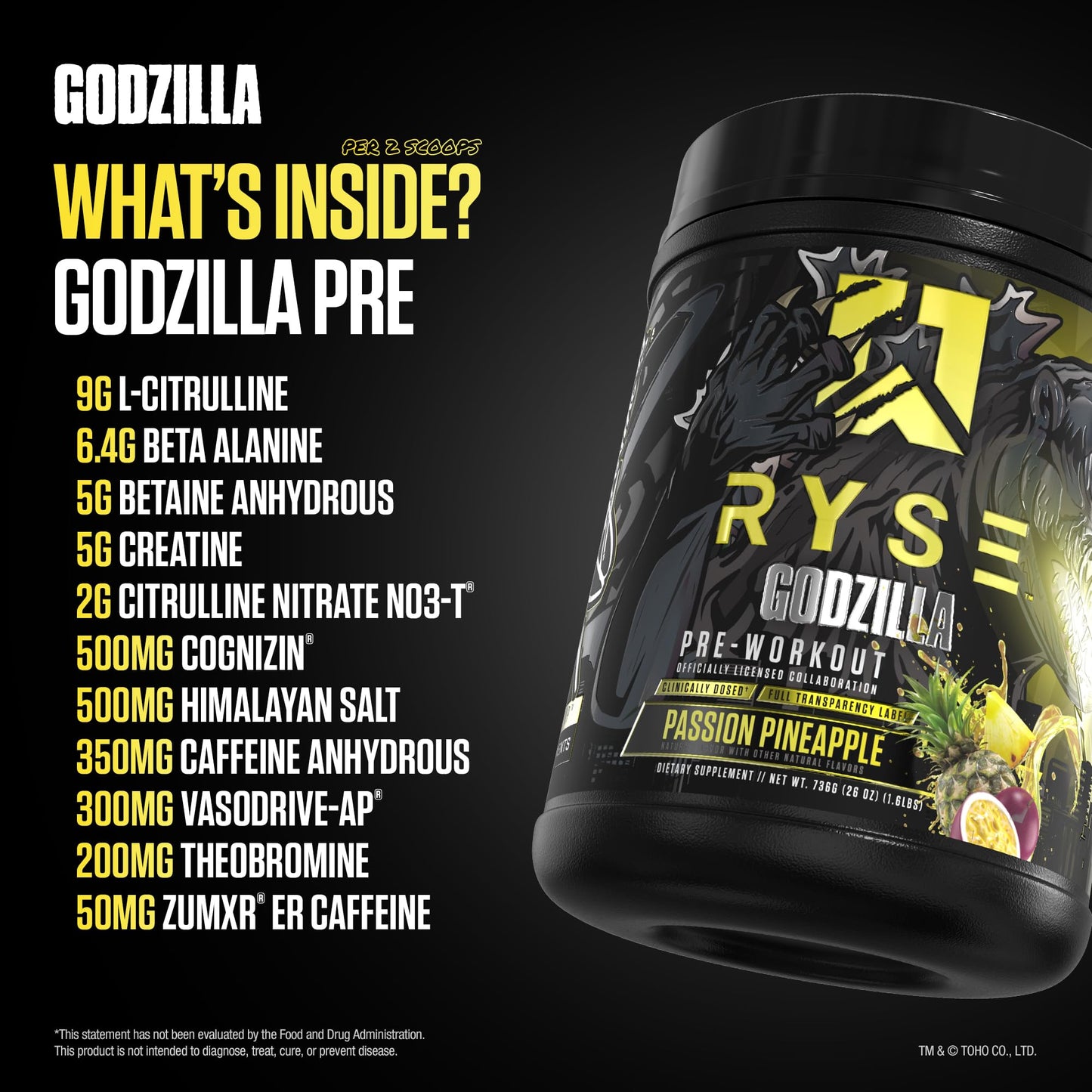 RYSE Up Supplements Godzilla X Noel Deyzel Pre Workout Powder Passion Pineapple 25.2 oz