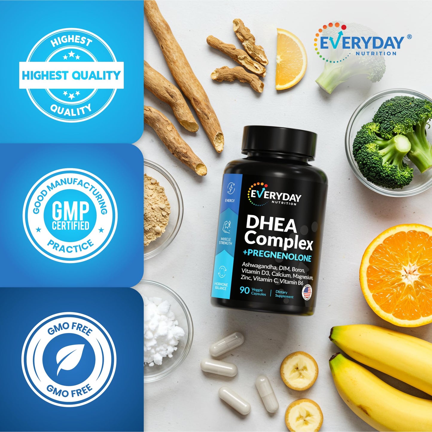 Everyday Nutrition DHEA Micronized 200mg Complex with Pregnenolone 100mg Hormone Support Capsules, 90 Count