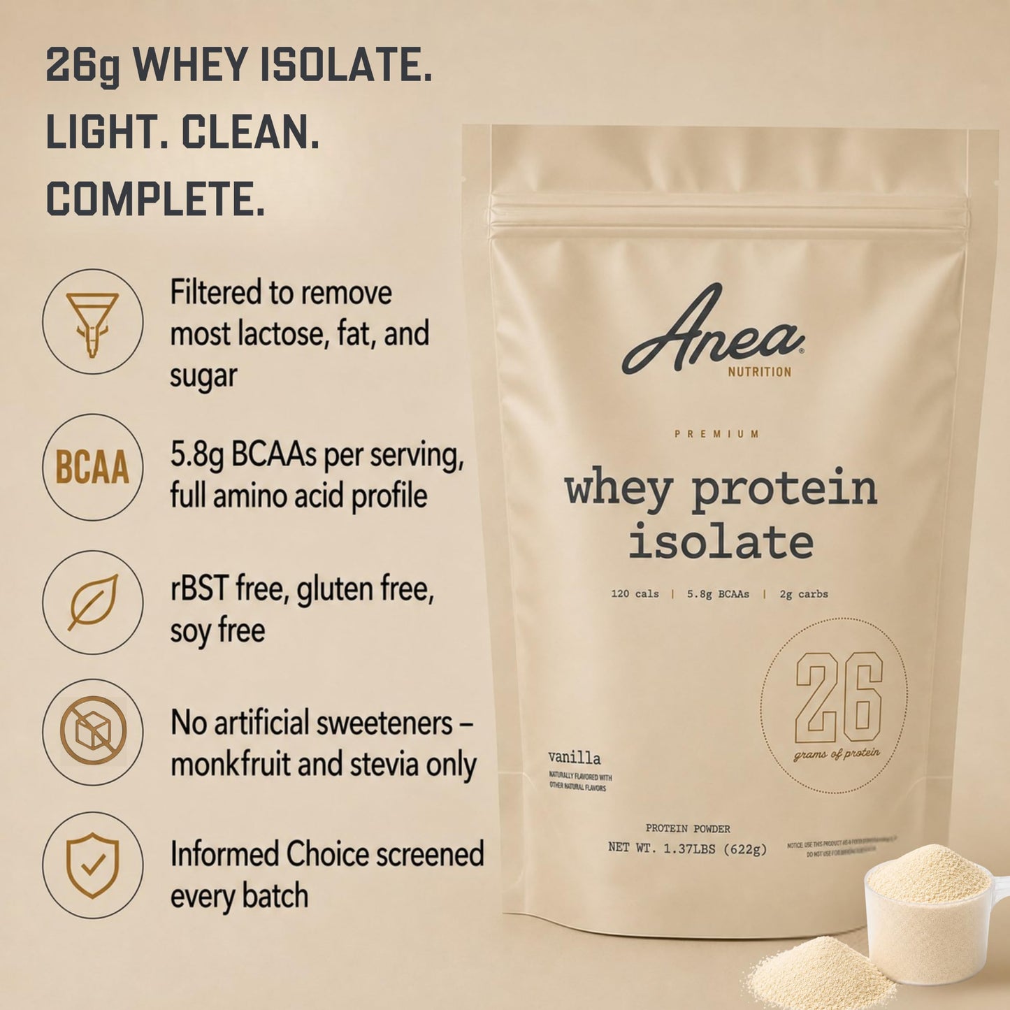 Anea Nutrition Whey Isolate Protein Powder, Vanilla, 21.94 oz