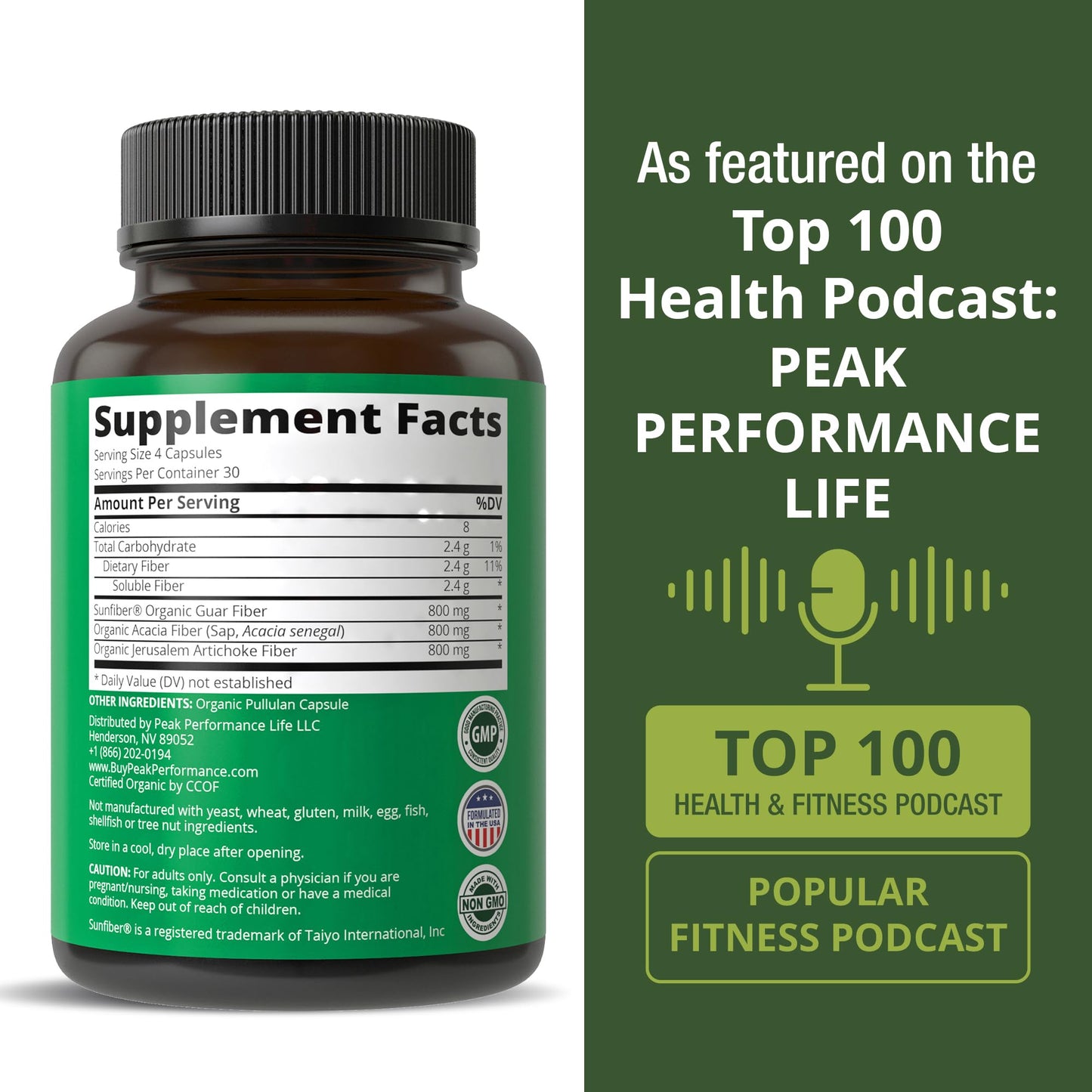 Peak Performance USDA Organic 3-in-1 Prebiotic Fiber Capsules - 120 Count