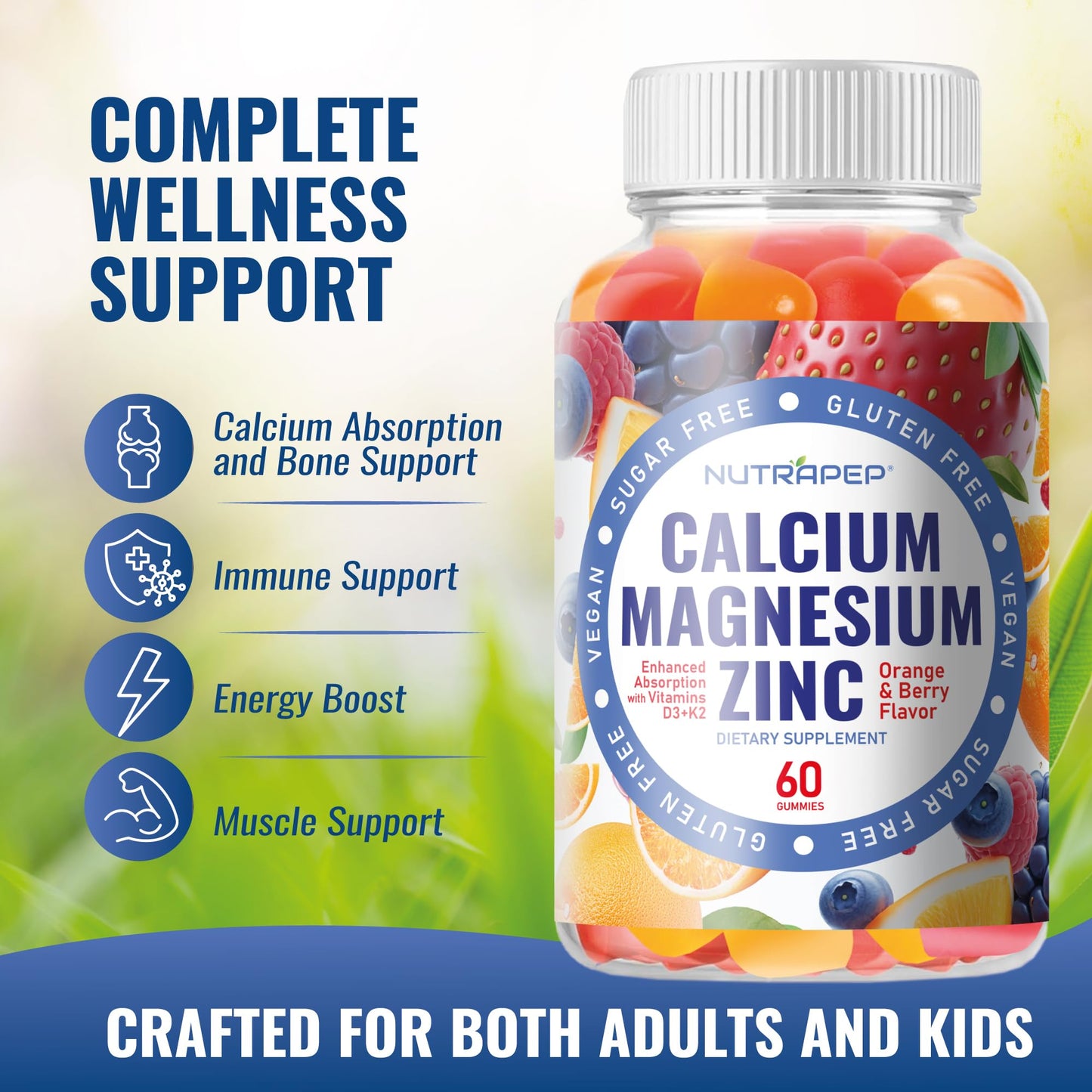 NutraPep Calcium Magnesium Zinc Supplement Gummy, 60 Count