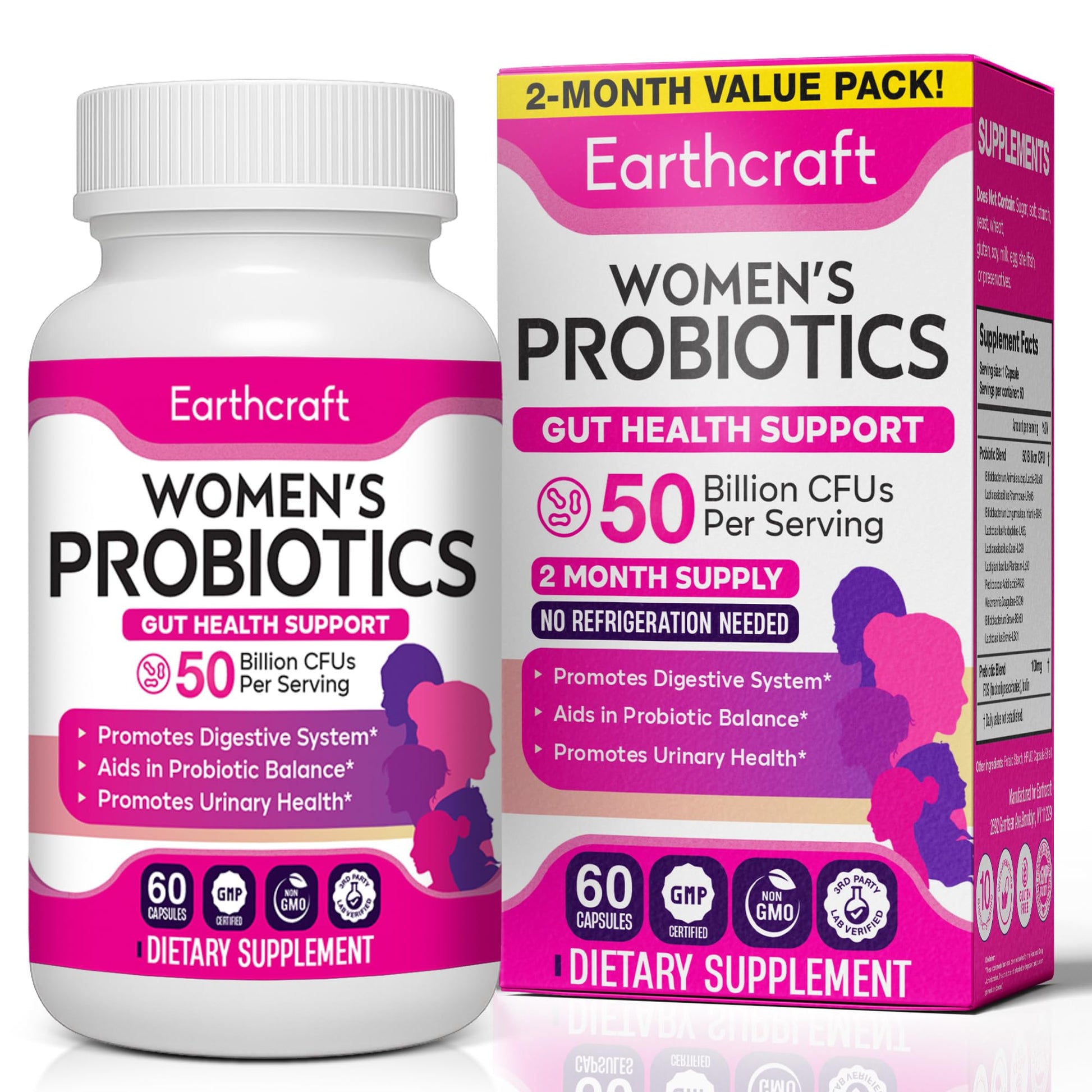 Earthcraft Probiotics for Women 50 Billion CFU – 10 Strains + Prebiotics for Vaginal Health, Digestive, Gut, PH Balance and Immune Health – Delayed Release Capsules, Non-GMO, Vegan, Support Nutrient Absorption, 60 Count