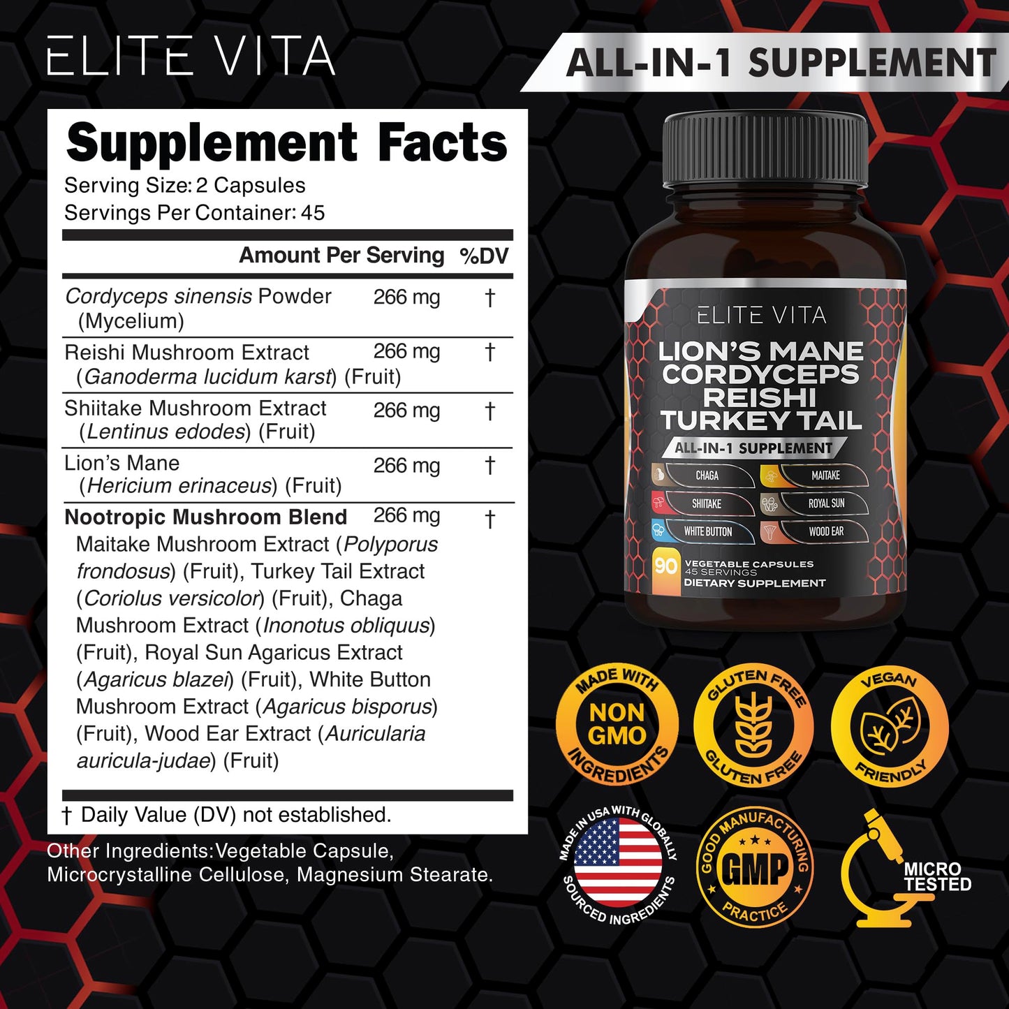 Elite Vita Nootropic Mushroom Supplement Lions Mane, Cordyceps, Reishi, Chaga Blend Capsules, 90 Count