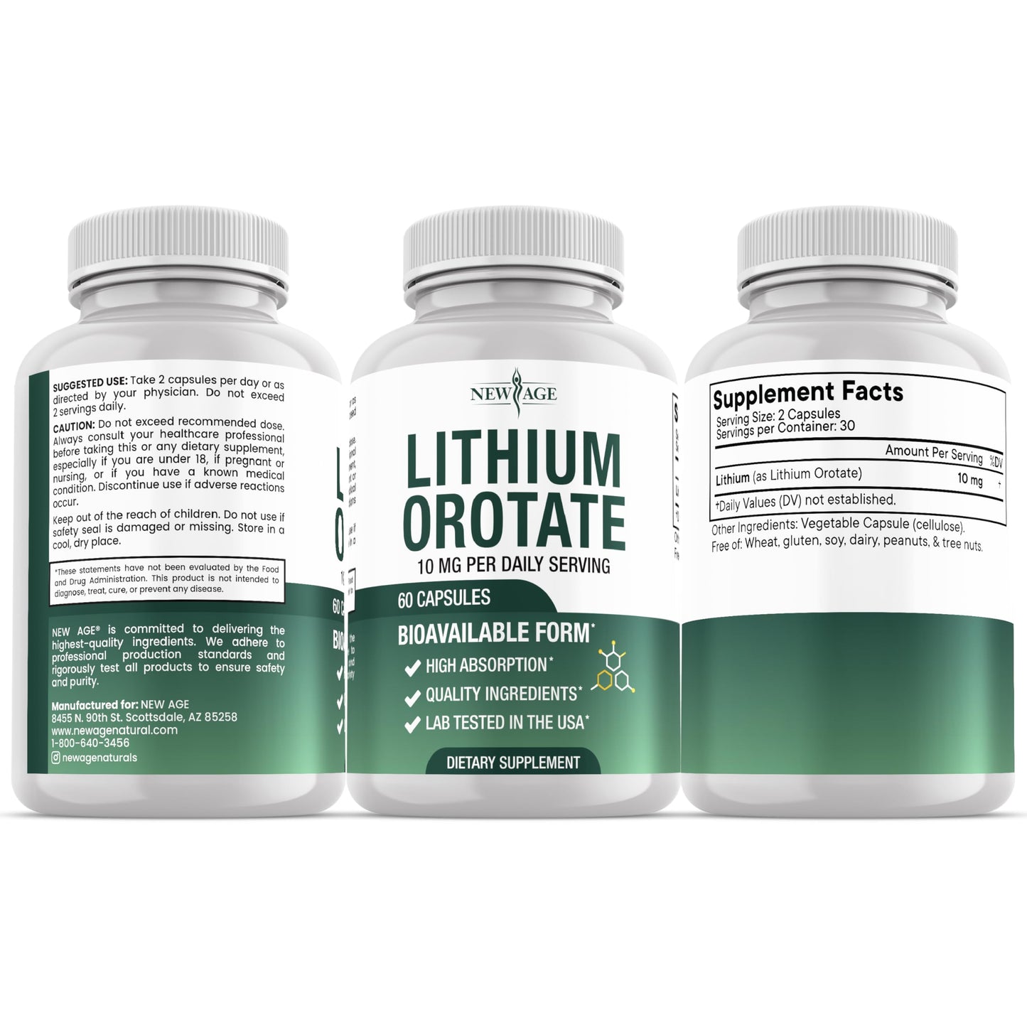 NEW AGE Lithium Orotate 10mg (5mg per Capsule), 120 Veggie Capsules