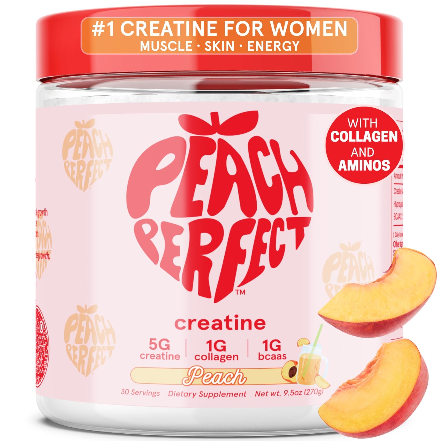 Peach Perfect Creatine for Women – Micronized Creatine Monohydrate Powder with BCAA & Collagen for Glute Strength Support, Boosts Energy, Focus, Strength, and Endurance, 9.5 oz