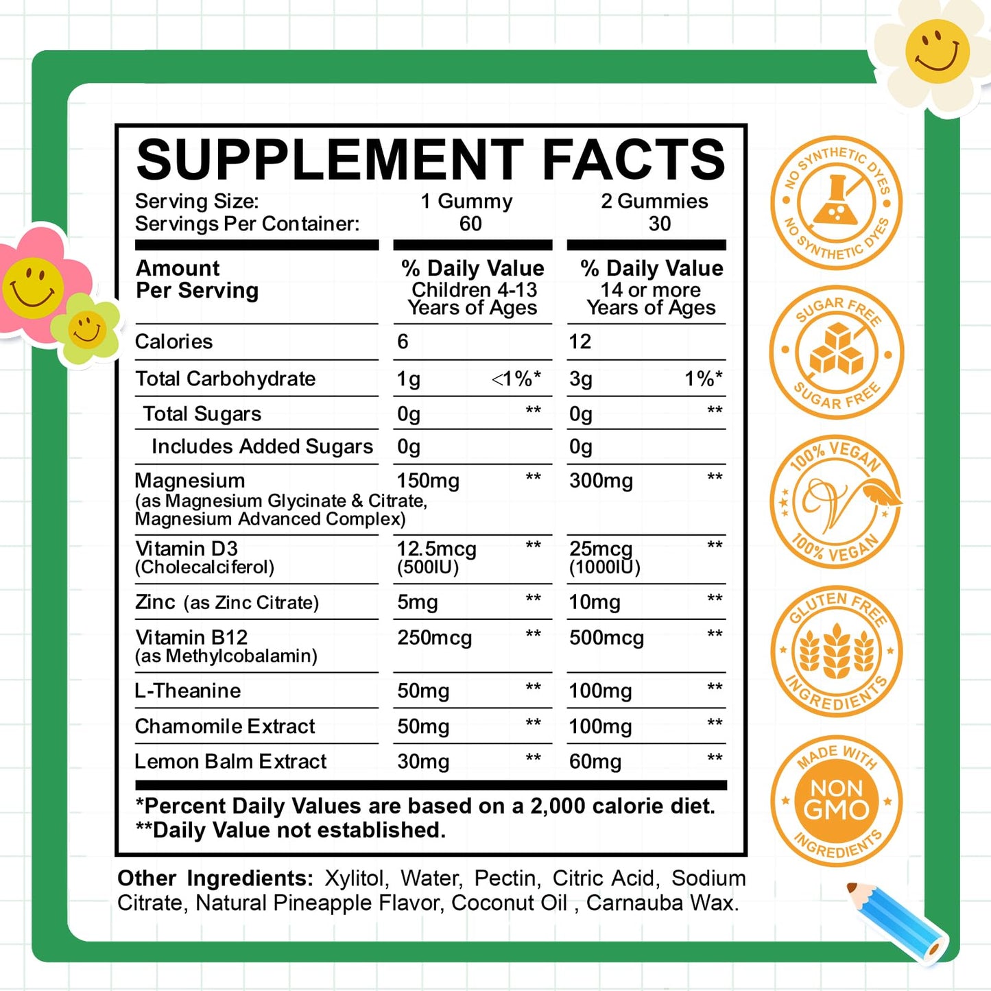 CFILIHTC Kids Magnesium Glycinate Gummies with Citrate, Zinc, Vitamin D3, B12, L-Theanine, Pineapple Flavor, 60 Gummies