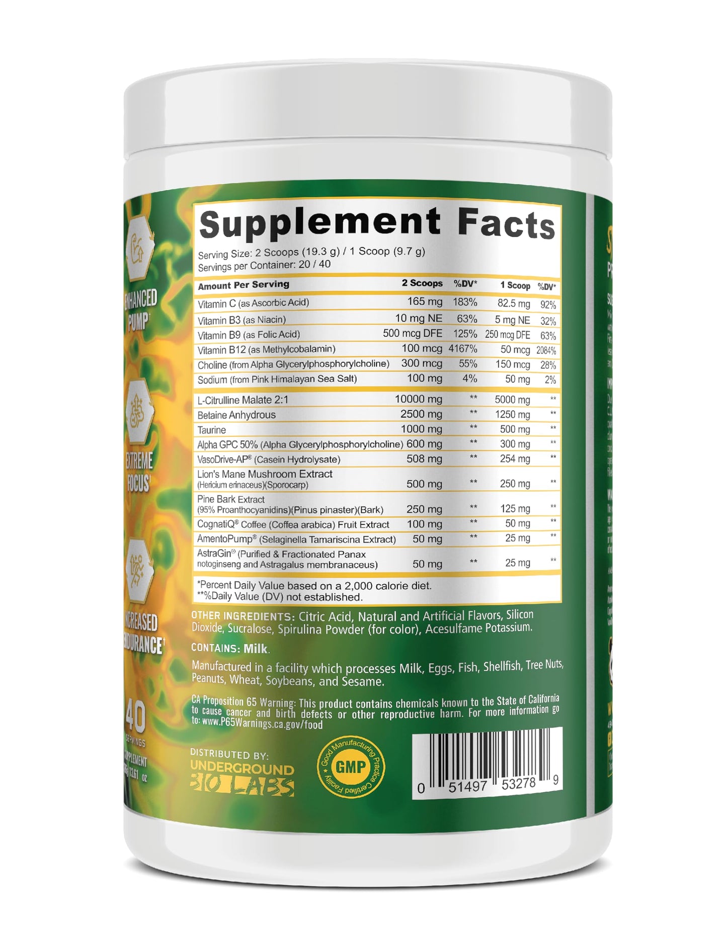 Underground Bio Labs Panda Supps Pump Powder, Sour Apple Melon Candy, 12.91 Ounce