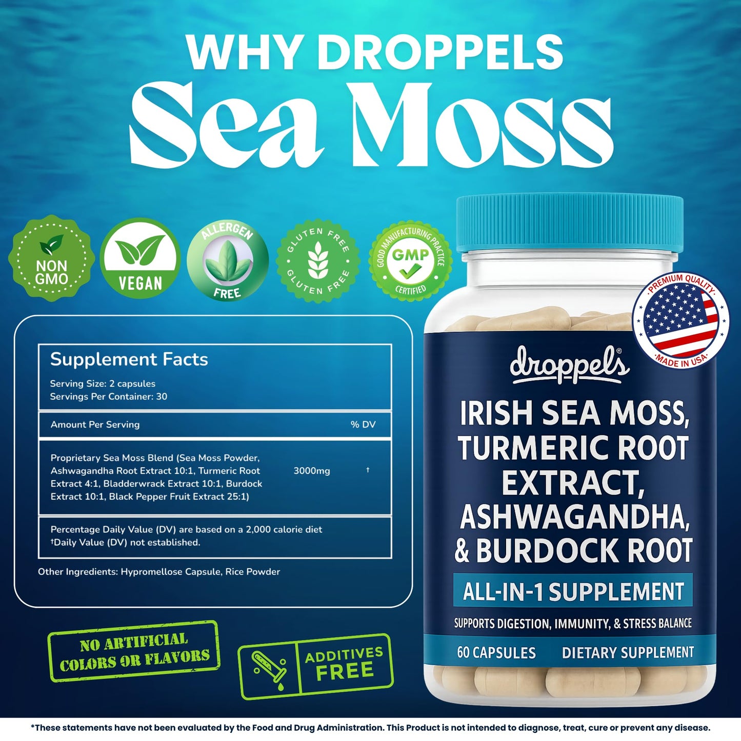 Droppels Irish Sea Moss Capsules with Turmeric, Ashwagandha, Black Pepper & Burdock Root – Natural Mineral Blend – Vegan, Non-GMO, 60 Capsules