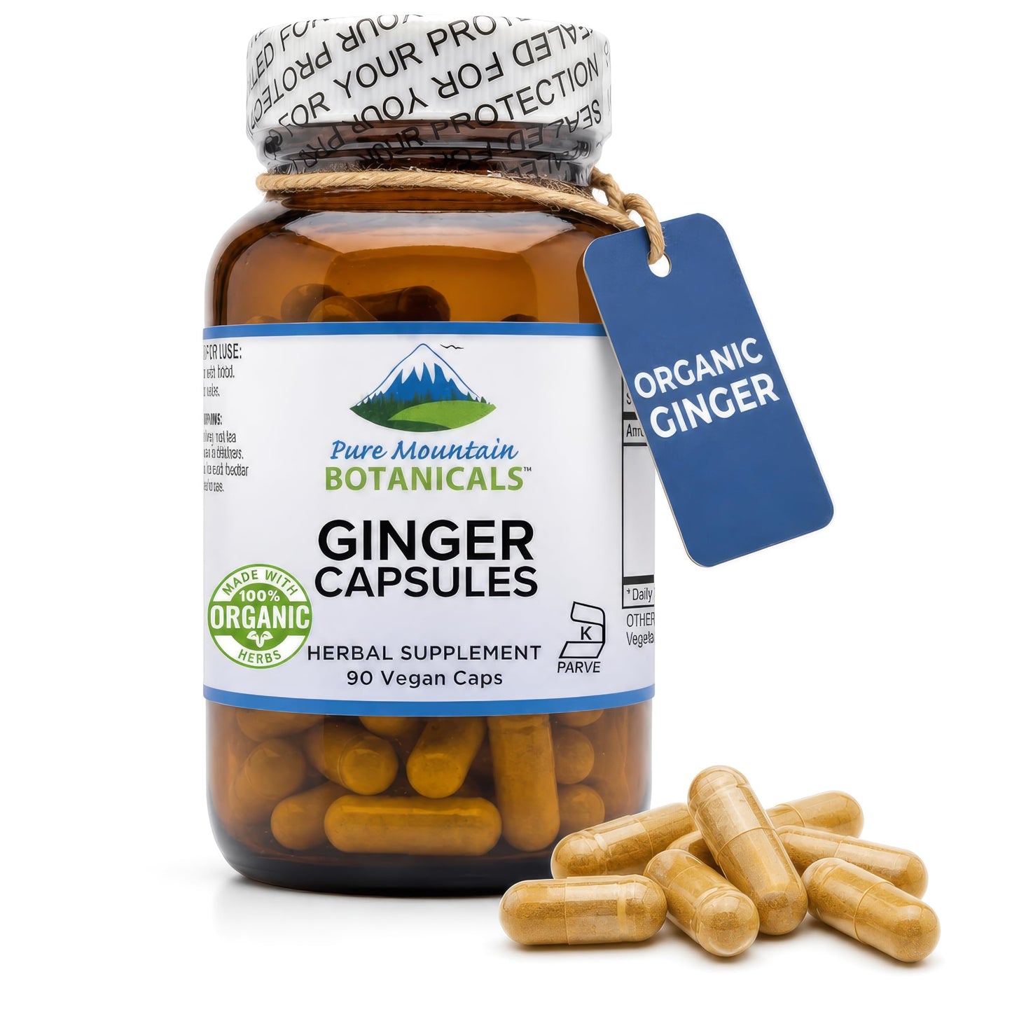 Pure Mountain Botanicals Ginger Capsules 1000mg Organic Ginger Root, 90 Capsules