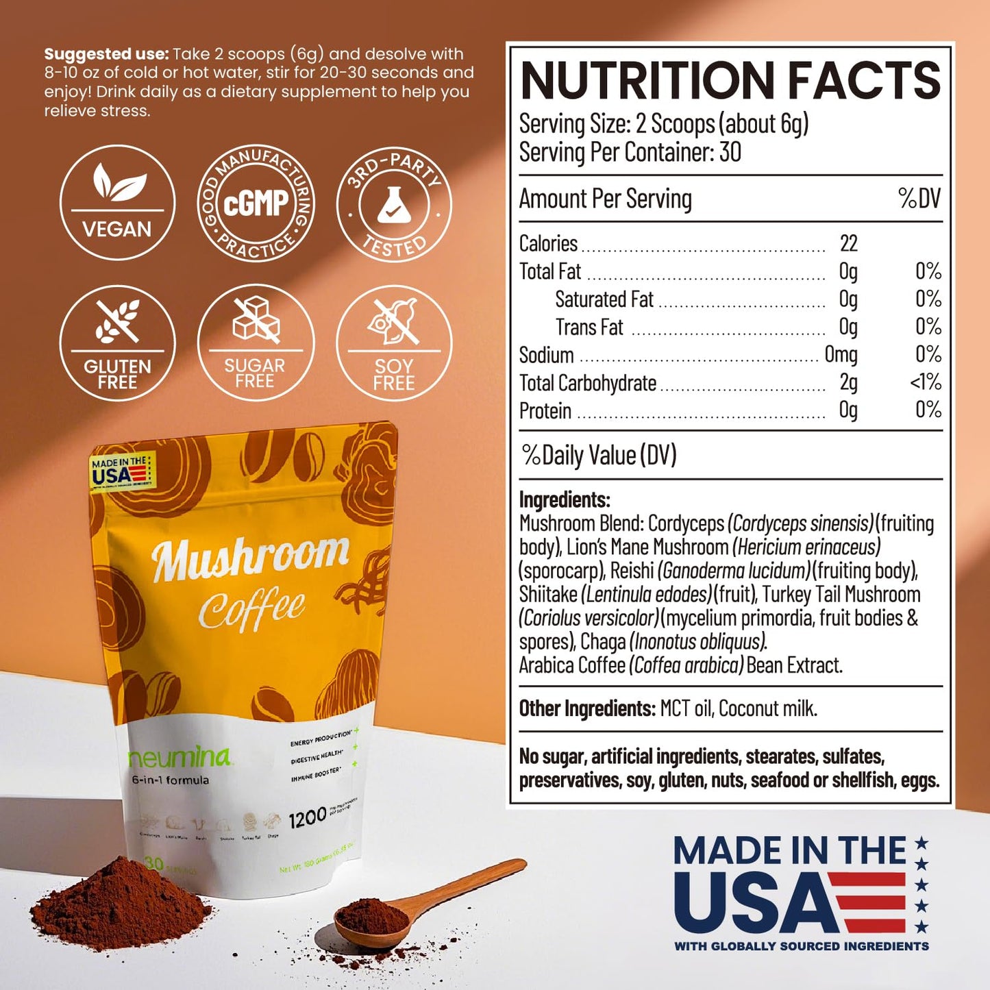 NEUMINA 6-in-1 Mushroom Coffee Powder, Energy Coffee with 6 Adaptogenic Mushrooms (Cordyceps, Lion's Mane, Reishi, Chaga, Shiitake, Turkey Tail Total 1200mg), Almost 30 Servings, 180g