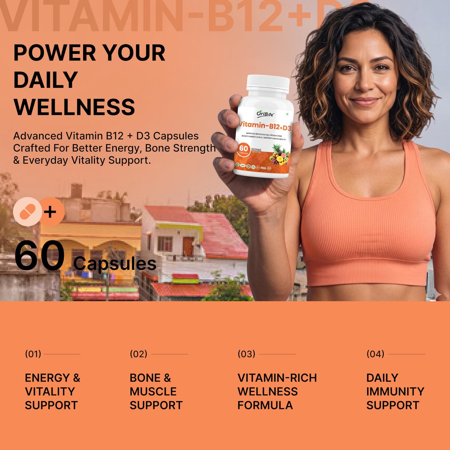 ORIBITE Vitamin B12 + D3 Supplement Capsule, 60 Count