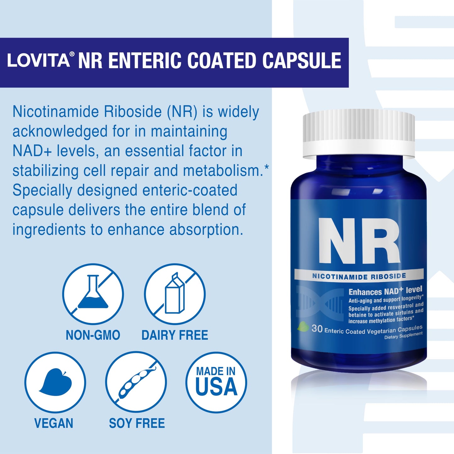 LOVITA NAD+ Supplement 840mg Nicotinamide Riboside with Trans-Resveratrol and Betaine Capsules, 100 Count