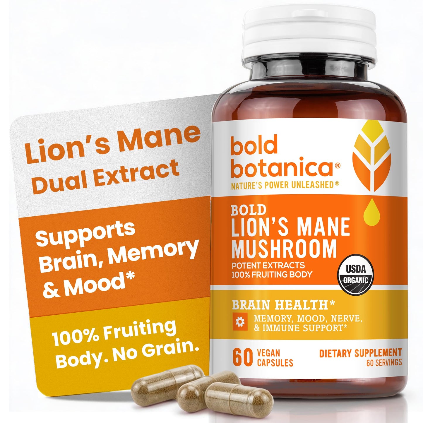 Bold Botanica Organic Lions Mane Supplement Capsules 60 Count