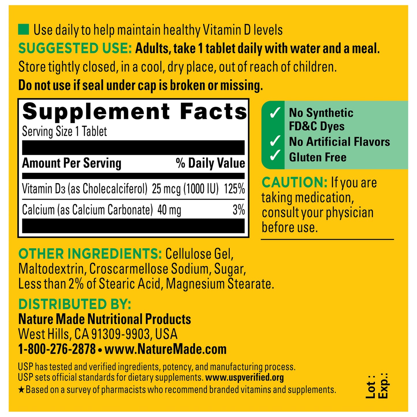 Nature Made Vitamin D3 1000 IU (25 mcg) Vitamin D Supplement for Bone, Teeth, Muscle and Immune Health Support, 100 Tablets