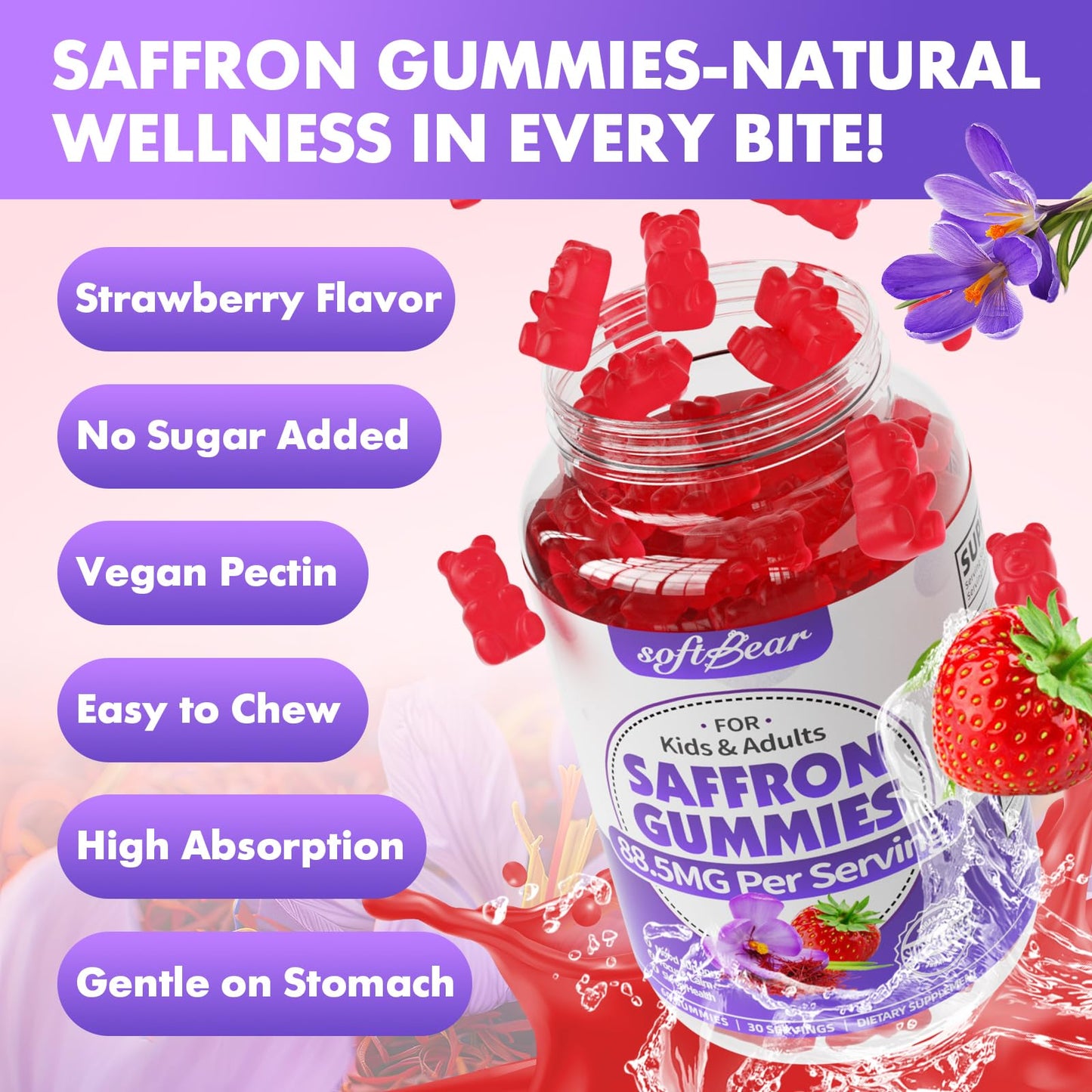 Softbear Saffron Gummies for Kids & Adults 60 Count