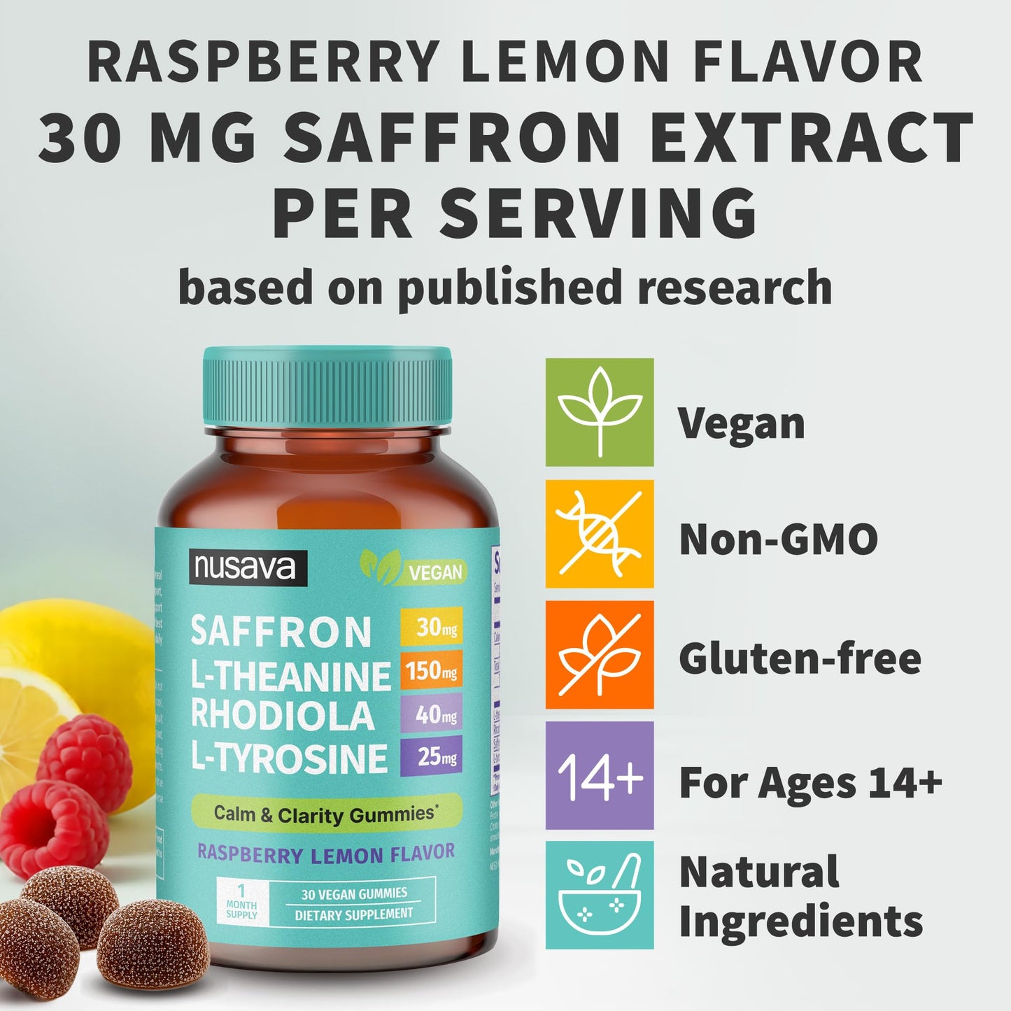 NUSAVA 4-in-1 Saffron Gummies with Rhodiola Rosea, L-Theanine & L-Tyrosine - Saffron Mood Support, Vegan, Non-GMO & Gluten-Free, 30 Count