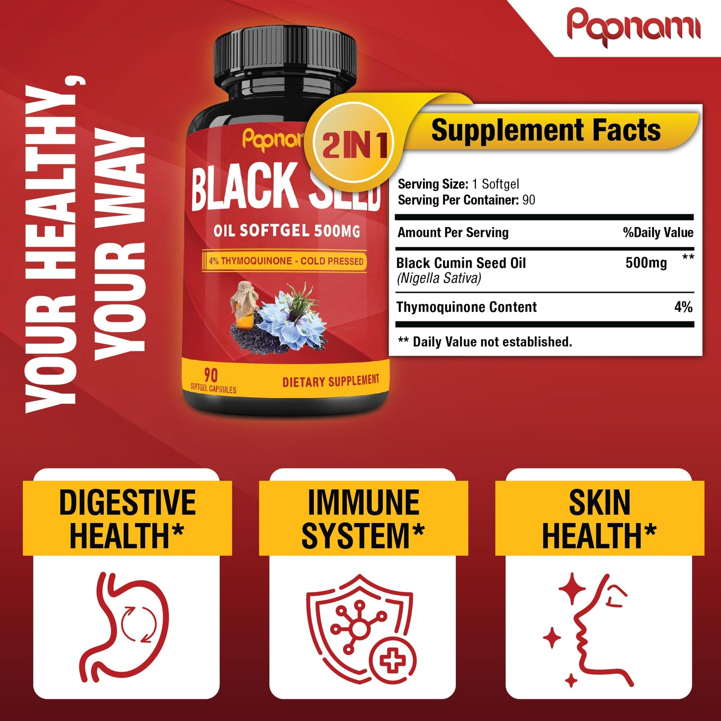 Papnami Premium Black Seed Oil Softgel Capsules, 90 Count