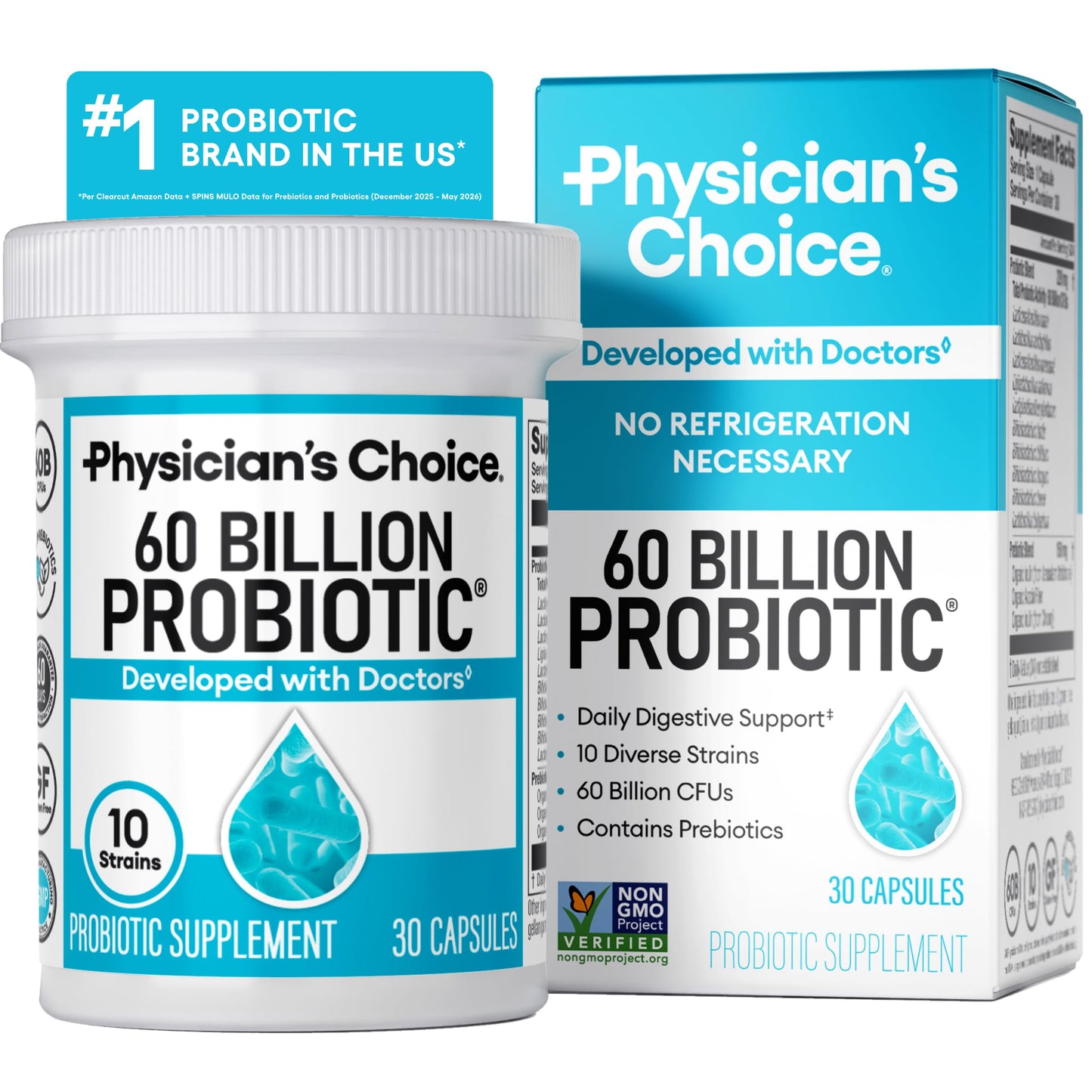 Physician's CHOICE Probiotics 60 Billion CFU - 10 Strains + Organic Prebiotics, Capsule, 30 Count