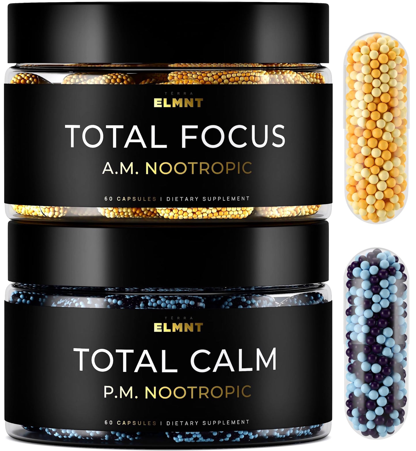 TERRA ELMNT AMPM Nootropic Total Focus + Calm 9X Strength with Caffeine, L-Theanine, Alpha GPC, L-Tyrosine, Ashwagandha Time Release Microbeadlet Capsule, 120