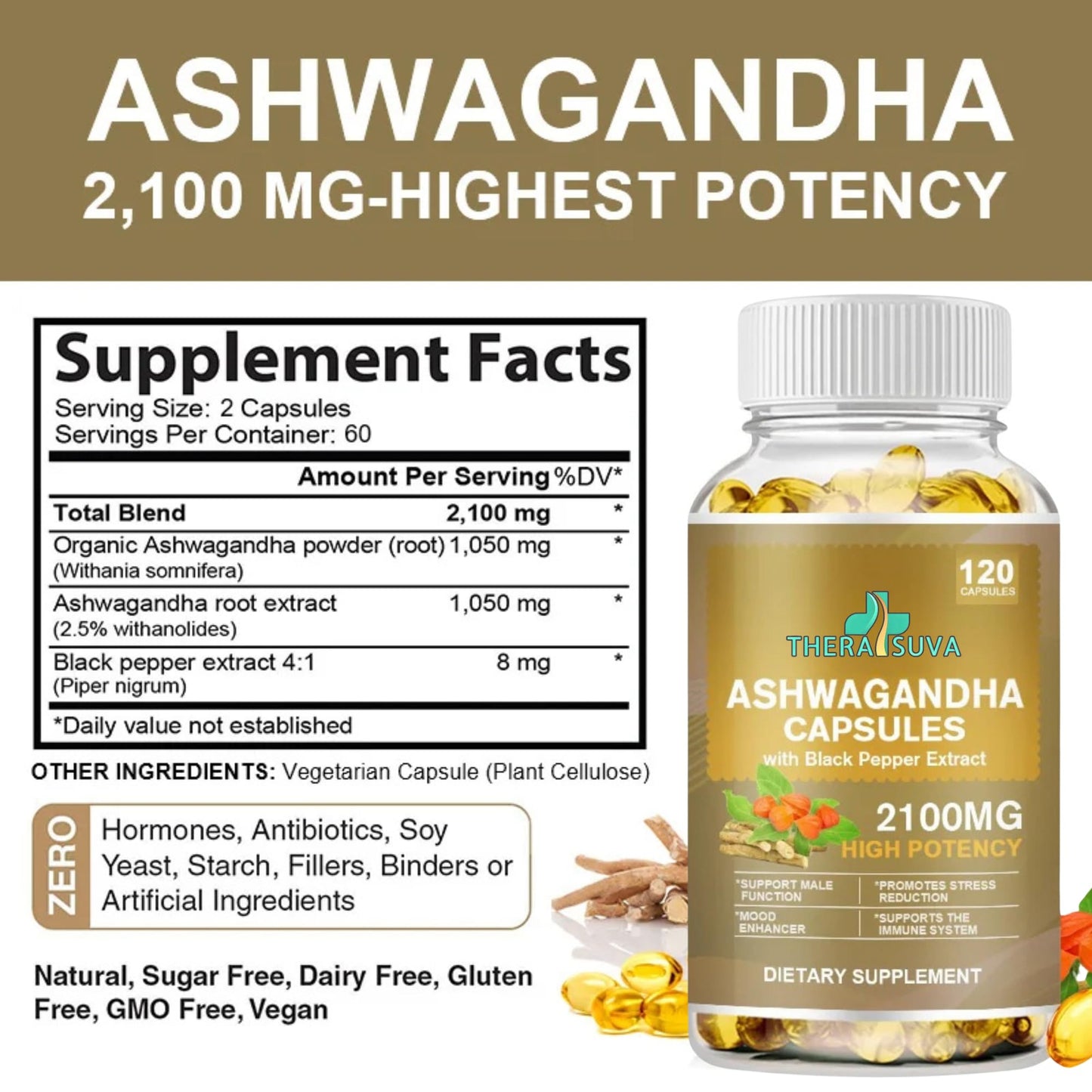 TheraSuva Superior Potency Ashwagandha 2100mg + Black Pepper Extract 8mg Softgel, 120 Count