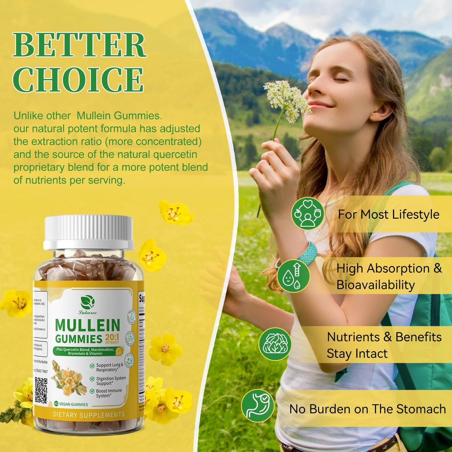 Lukaree Mullein Gummies for Lung Cleanse & Lymphatic Drainage, 120 Gummies