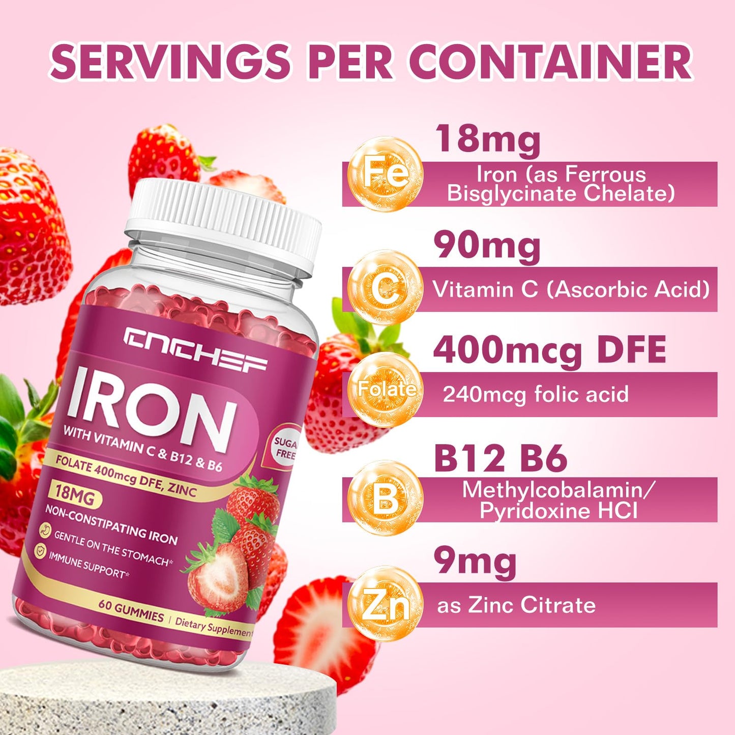 CNCHEF Iron Supplement for Women & Men, 120 Gummies