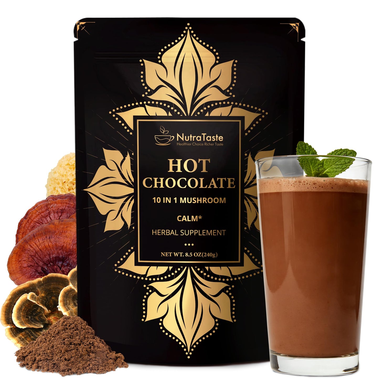NUTRATASTE HEALTHIER CHOICE RICHER TASTE Mushroom Hot Cocoa with Magnesium Glycinate & L-Theanine, GABA Powder 8.5 oz