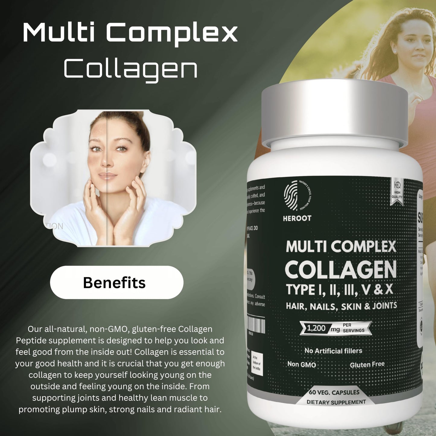 Heroot Plant-Based Collagen 500mg Skin, Hair and Nails Supplement Capsule 60