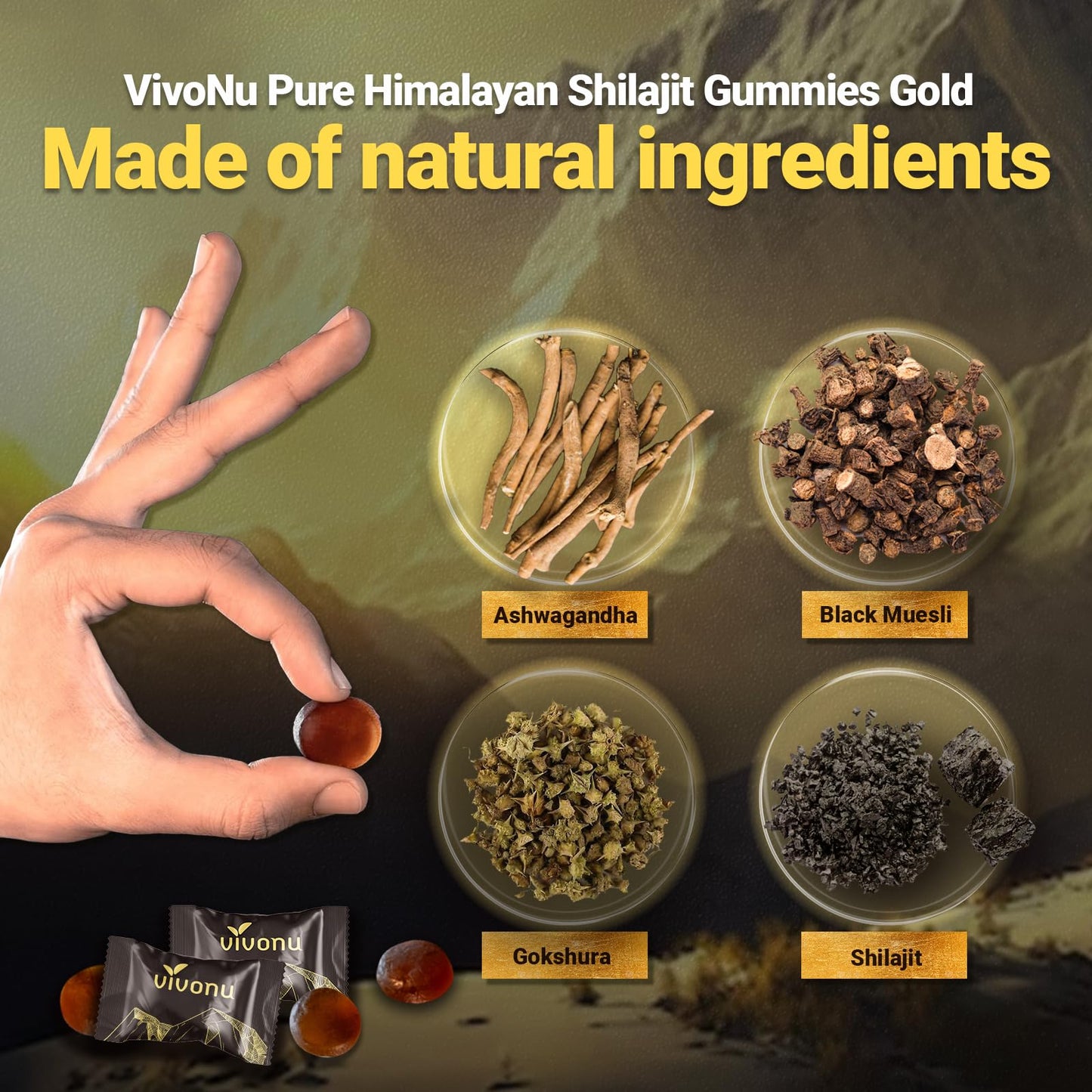 VivoNu Shilajit Gummies with Ashwagandha & Gokshura, 60 Gummies