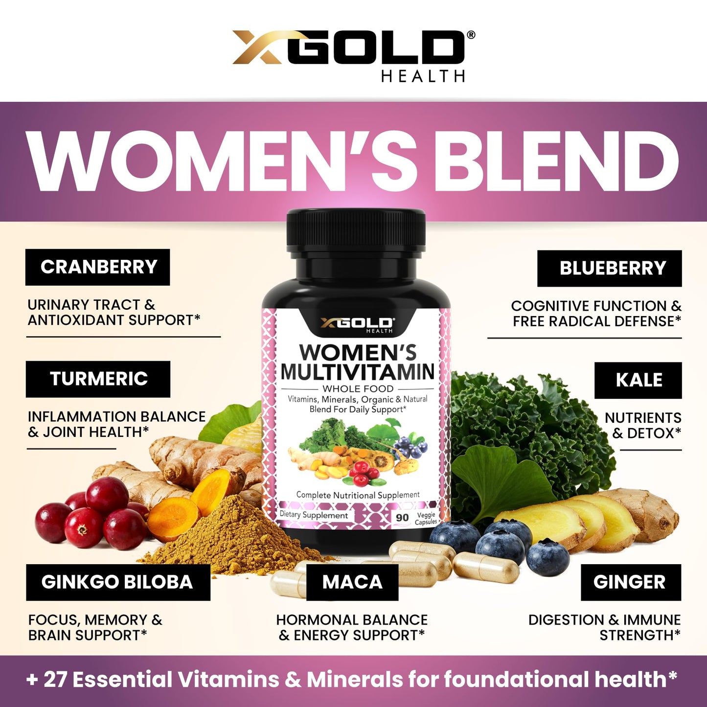 X Gold Health Vegan Women's Daily Multivitamin 50 Plus Organic WholeFood 90 Capsules