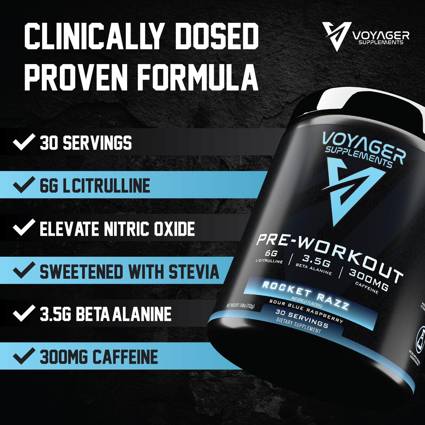 Voyager Supplements Pre-Workout Rocket Razz Powder 25 Servings