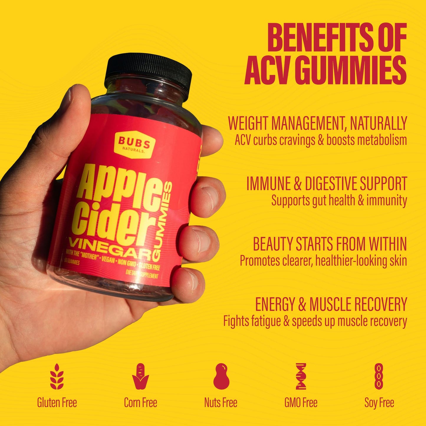 BUBS Naturals Apple Cider Vinegar Gummies with The Mother, 60 Count