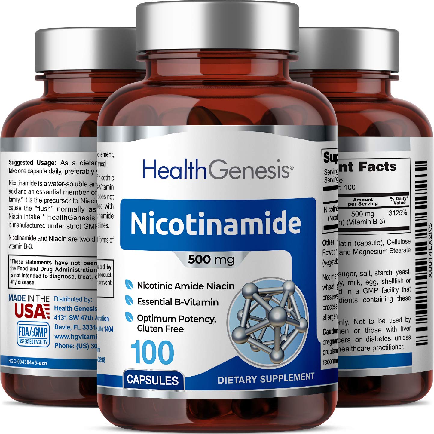 Health Genesis B-3 Nicotinamide 500 mg Capsules, 100 Count