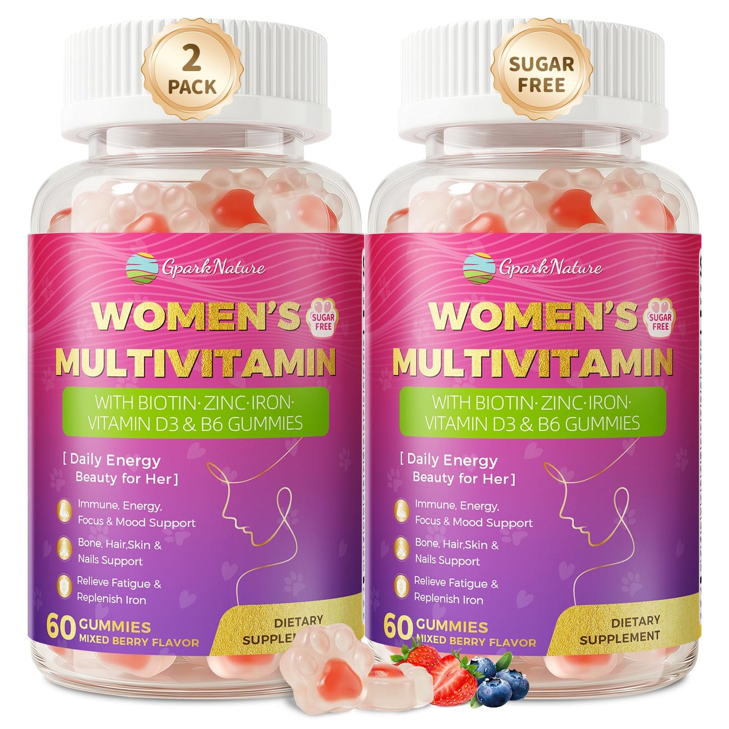 GparkNature Women's Multivitamin Gummies with Iron, Magnesium, Folate, Biotin, Zinc, Vitamin D3, A, C, E, B Complex, Sugar Free, 120 Gummies