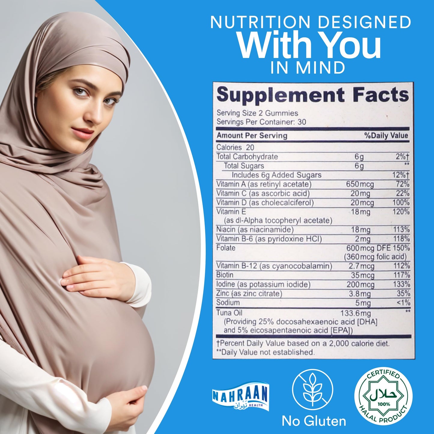 NAHRAAN HEALTH Halal Prenatal Gummies for Women Halal Gummy Prenatal Vitamins with DHA and Folic Acid for Before/During/After Pregnancy, 60 Count