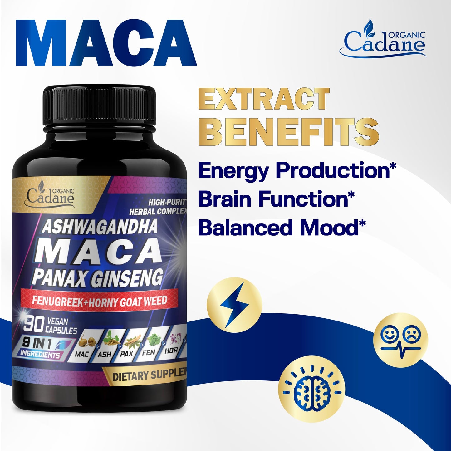 Organic Cadane Maca Root, Ashwagandha, Panax Ginseng Supplement Capsule 90 Count